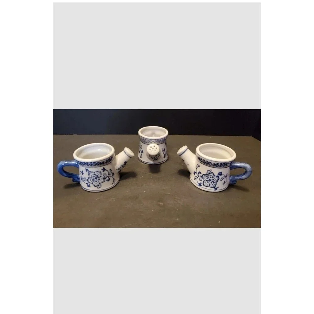 Hermitage Pottery Sprinkling Cans Pots W/ Spout, Handle Floral Blue 2.5” 3pk Vtg